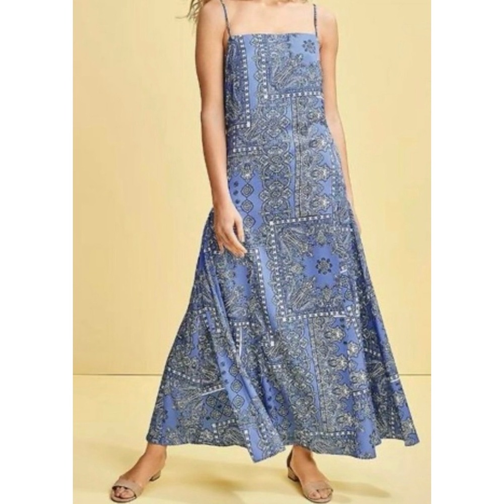 LOFT Blue Paisley Bandana Print Maxi Dress Square Neck Spaghetti Strap Womens 0